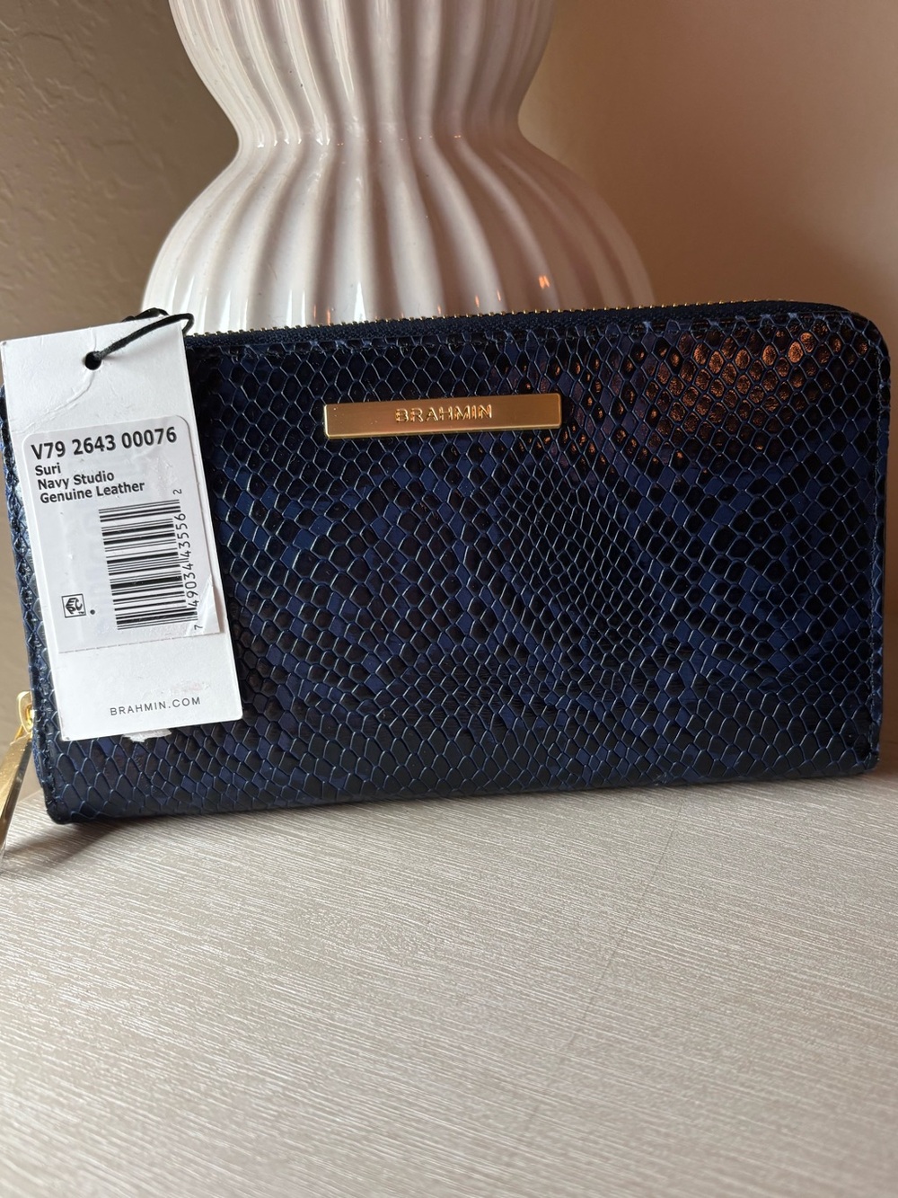 NWT Brahmin Navy Suri Zip-Around Snake-Embossed Leather Wallet